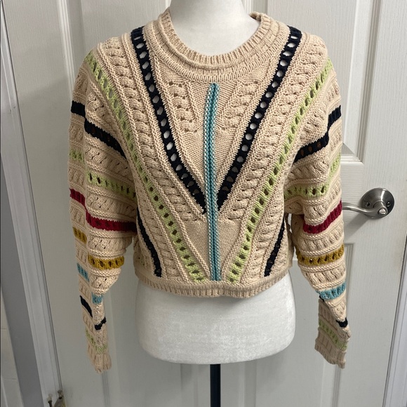 Callahan Knitwear Beige Multicolor Knit Crew Neck Sweater Cropped Long Sleeve - Picture 2 of 12